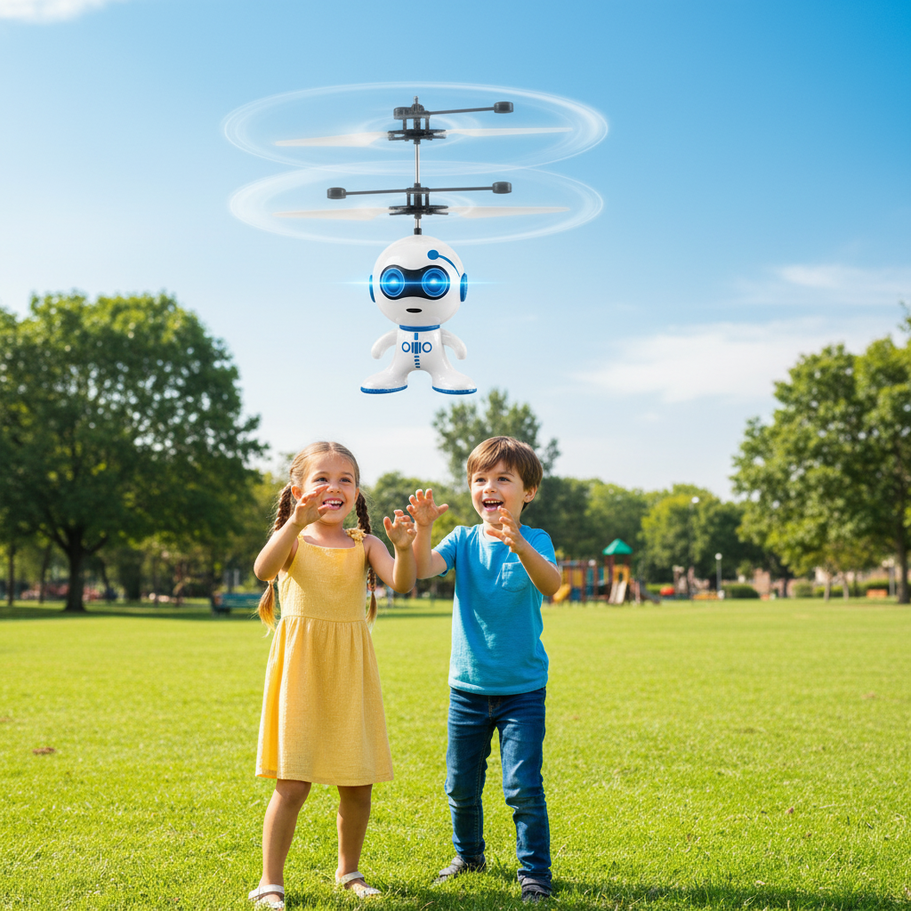 FlyBot volando con niño y niña jugando